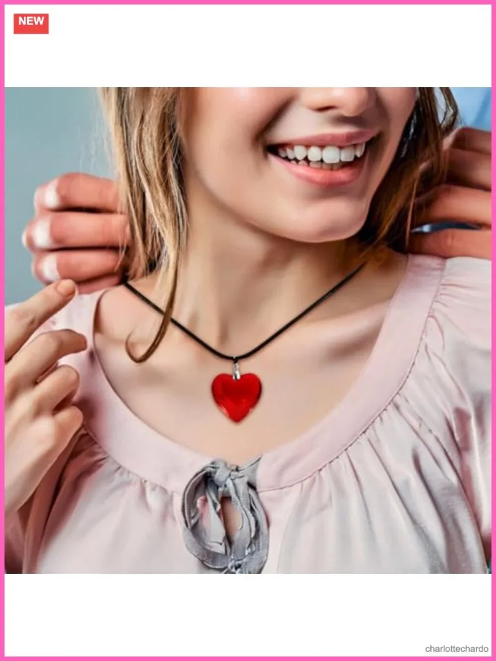 Waxed Cord Choker Necklace with Glass Heart Pendant Retro Y2K Jewelry
